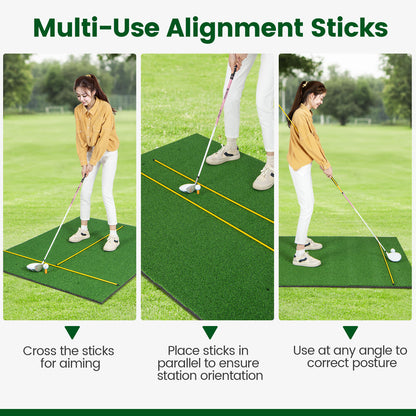 The golf practice mat demonstrating three different ways to use the alignment sticks