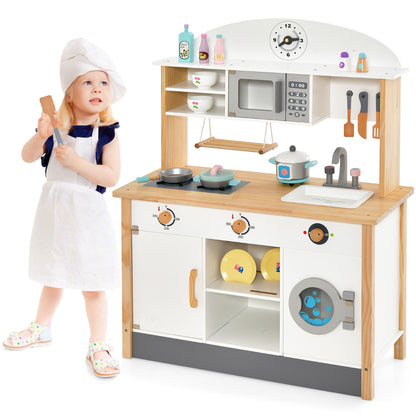 Pretend Kitchen Toy Set with Various Cooking Accessories with a young child wearing a chef hat and apron