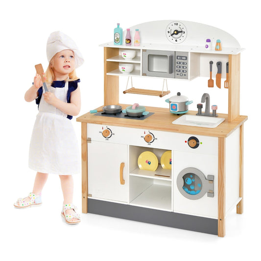 Pretend Kitchen Toy Set with Various Cooking Accessories with a young child wearing a chef hat and apron