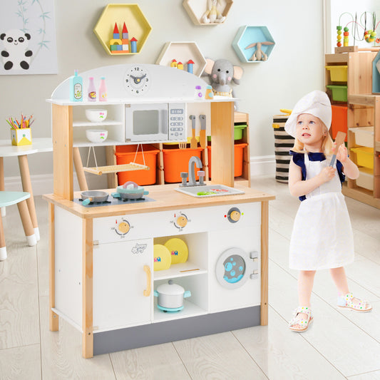 The play kitchen set is shown in a child's playroom with colourful storage units in the background