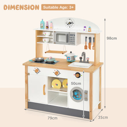 Dimensions of the play kitchen set are shown with height, width and depth measurements