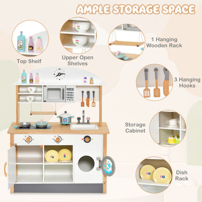 The play kitchen set has ample storage space with open shelves, a cabinet and a dish rack