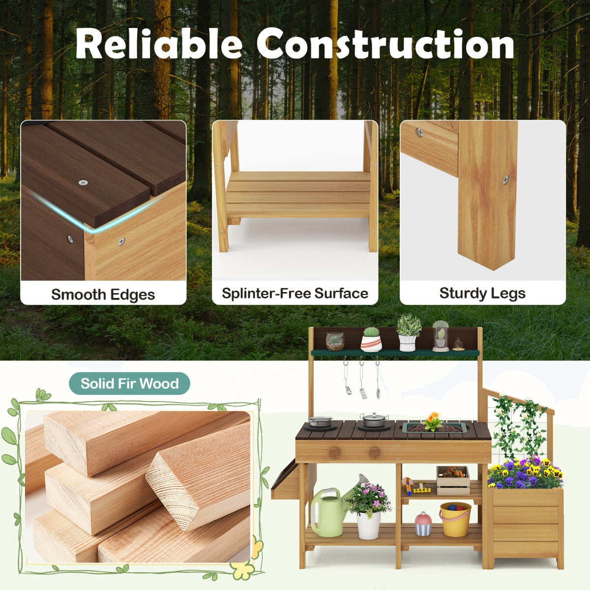Close-up of the solid fir wood construction of the play kitchen set