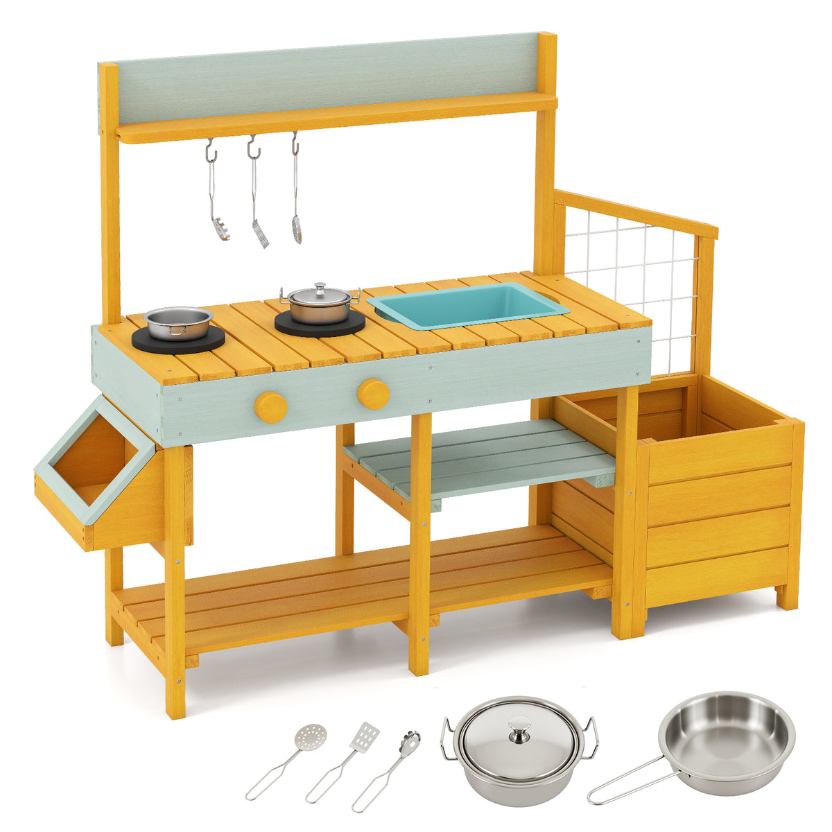 Pretend Mud Kitchen Play Kitchen with removable sink and planter boxes in yellow