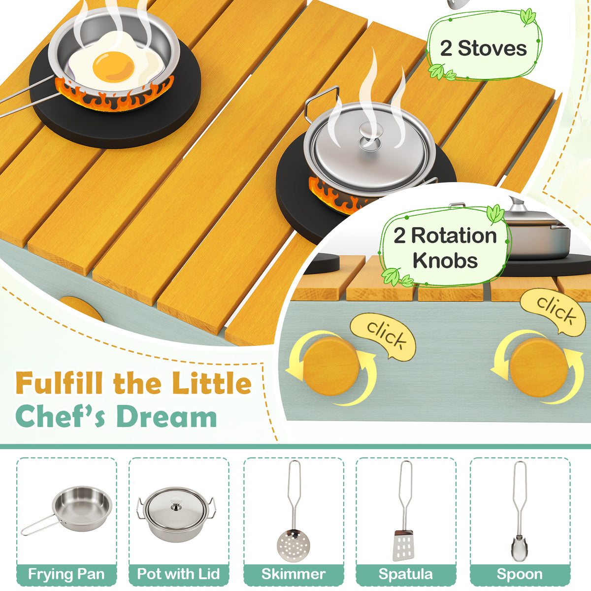 Close-up of the cooking hobs and utensils for the yellow mud kitchen