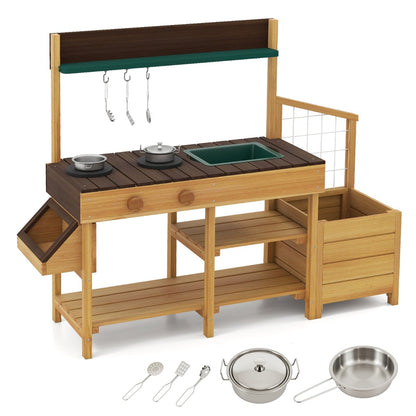 Pretend Mud Kitchen Play Kitchen with removable sink and planter boxes in brown wood