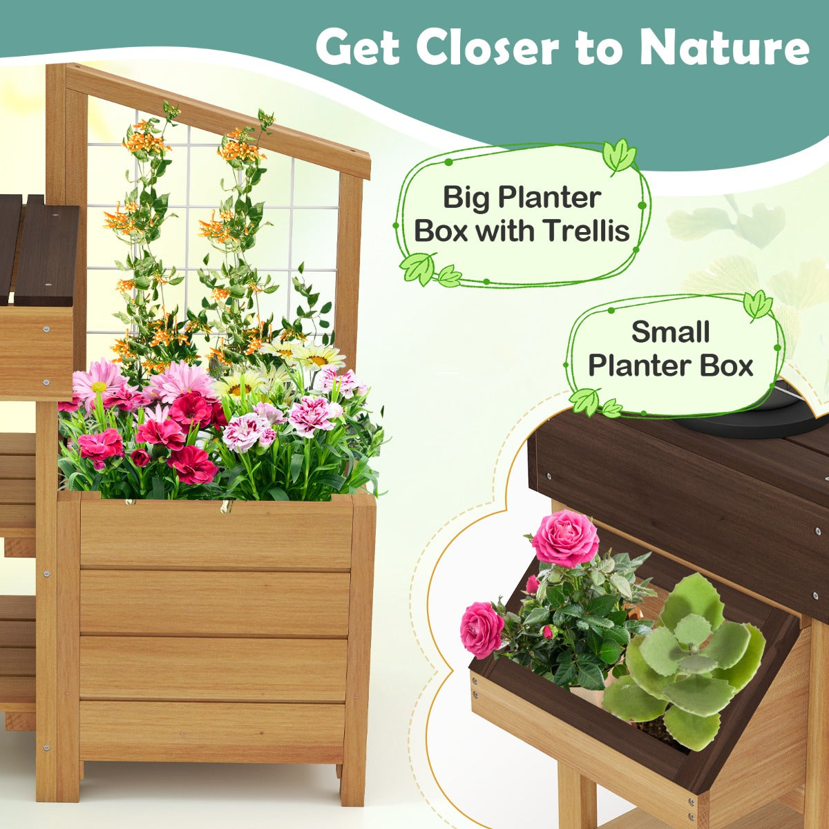Close-up of the planter boxes on the wooden mud kitchen with flowers