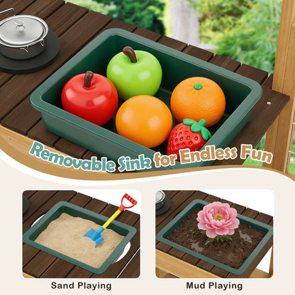 Close-up of the removable sink in the play kitchen, showing sand and mud play