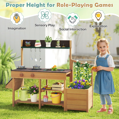 A young girl playing with the play kitchen set, highlighting role-playing games