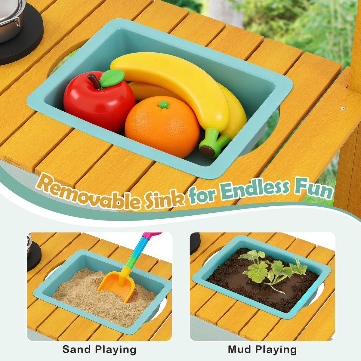 Close-up of the removable sink and planter boxes of the yellow mud kitchen