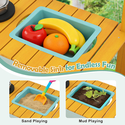 Close-up of the removable sink and planter boxes of the yellow mud kitchen