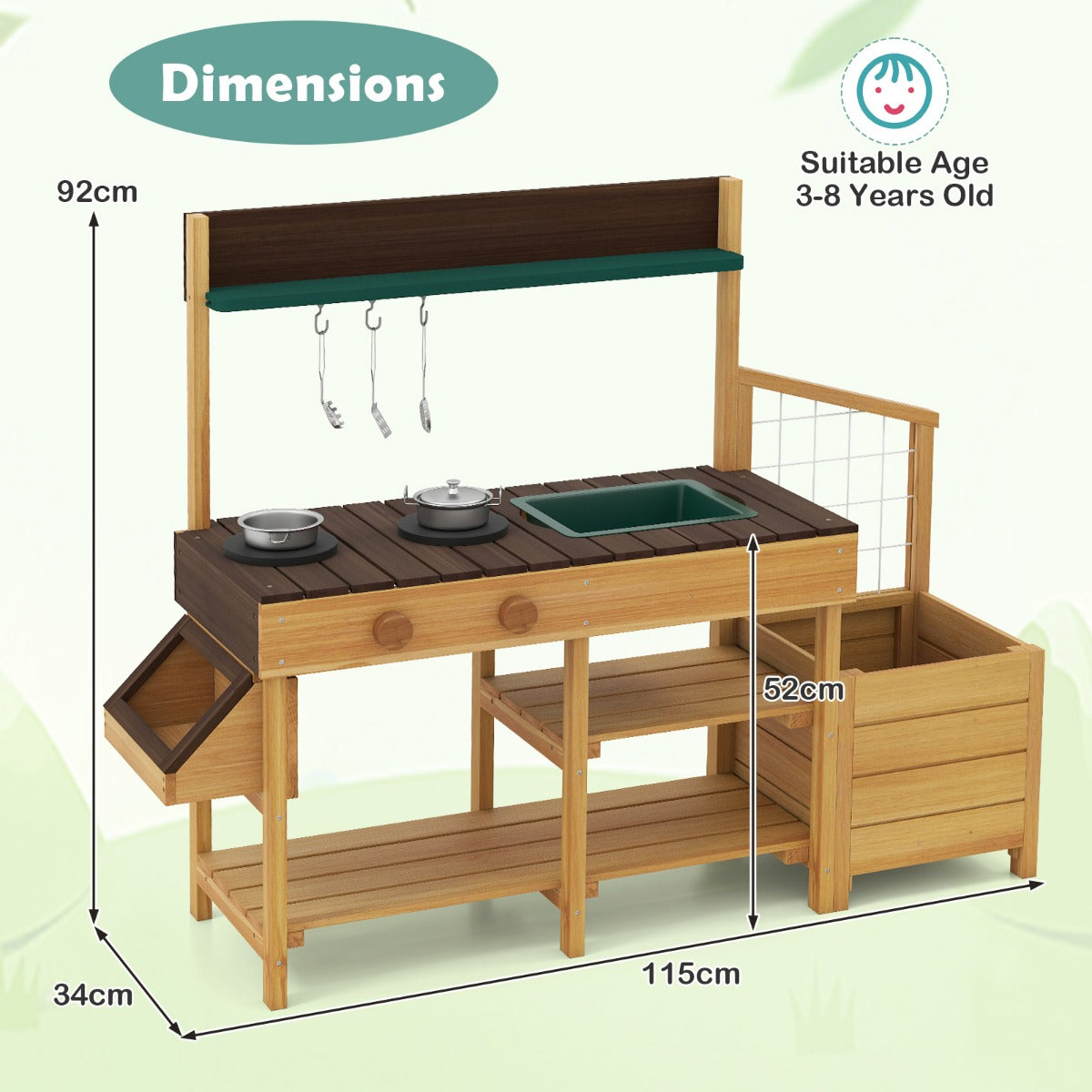 Dimensions of the wooden play kitchen set showing height and width