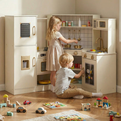 The play kitchen set being used by a young girl and boy in a bright living room