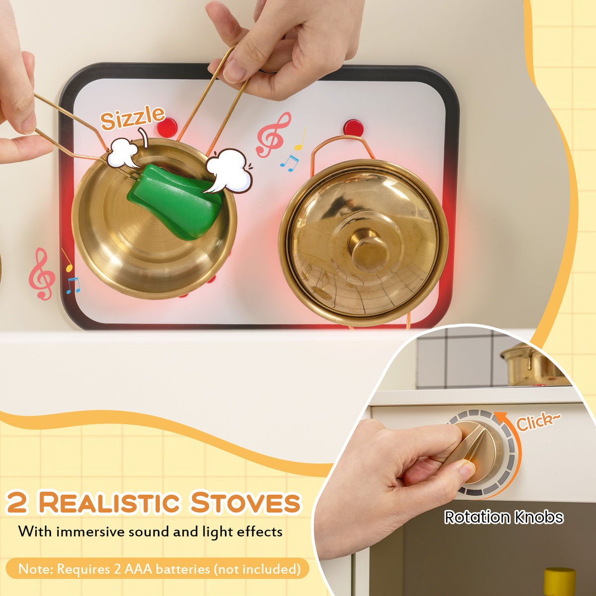 The play kitchen set stove top with glowing lights and a hand turning a clicking knob
