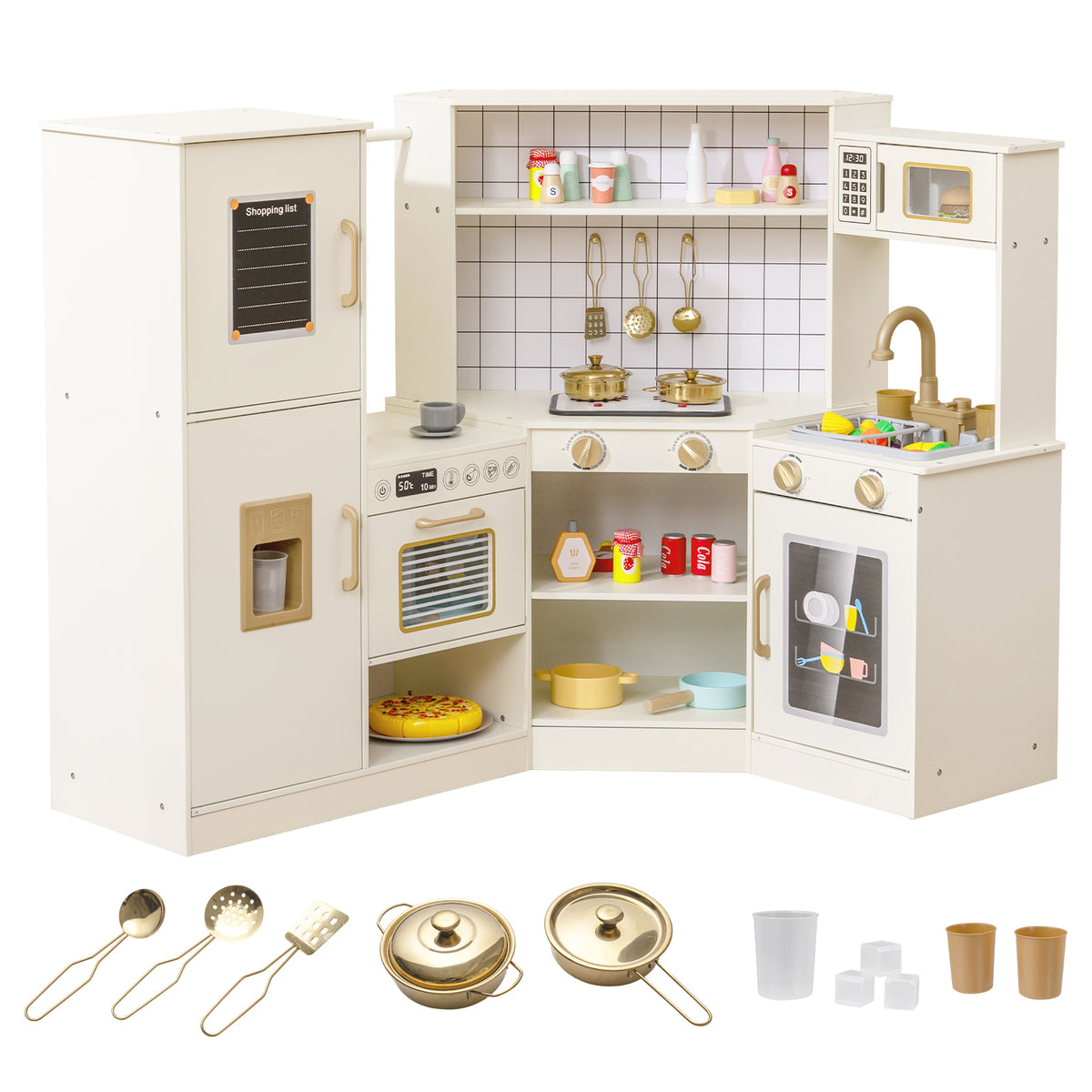 Pretend Play Corner Kitchen Set with accessories including pots and pans on a white background