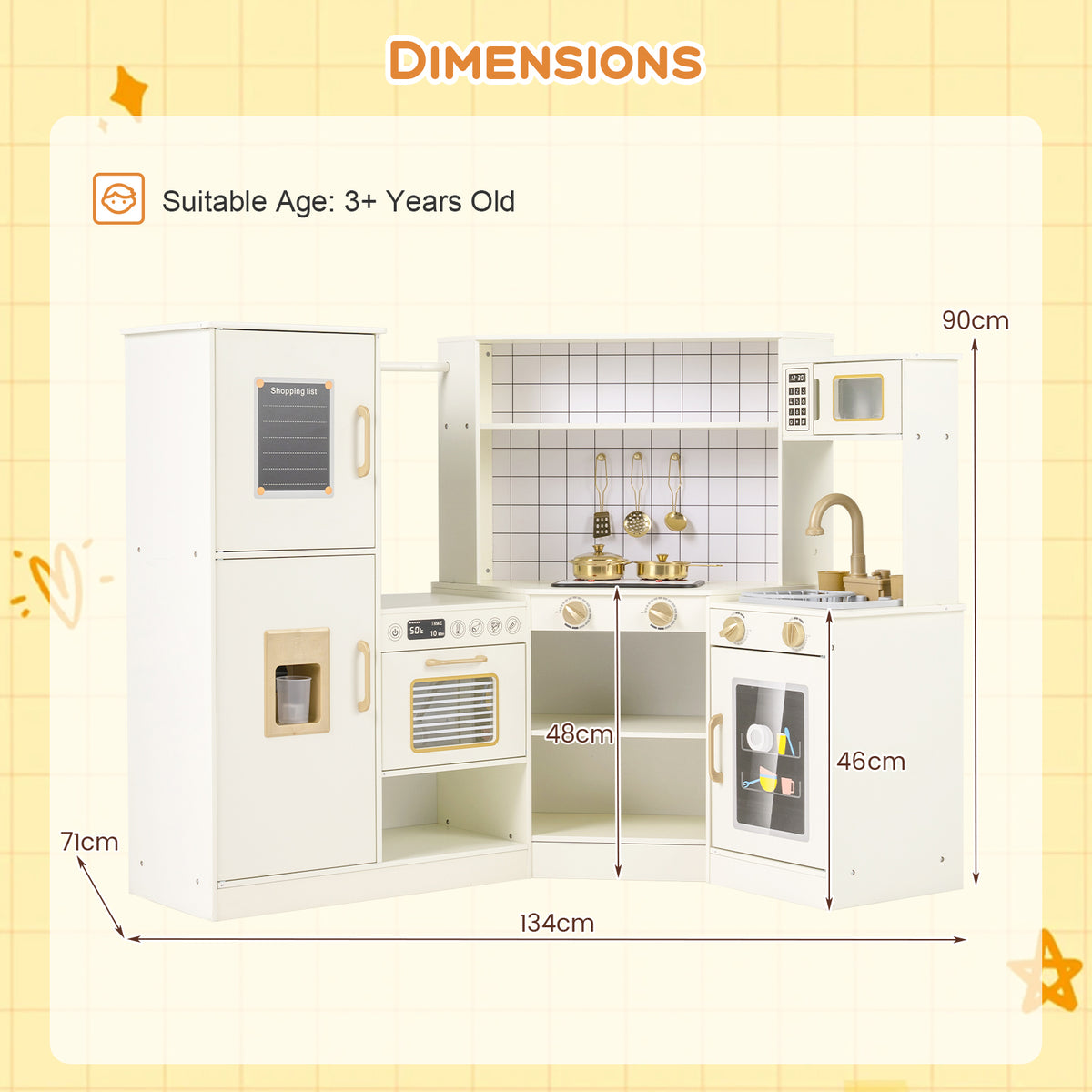 The play kitchen set shown with various height and width dimensions marked on the frame