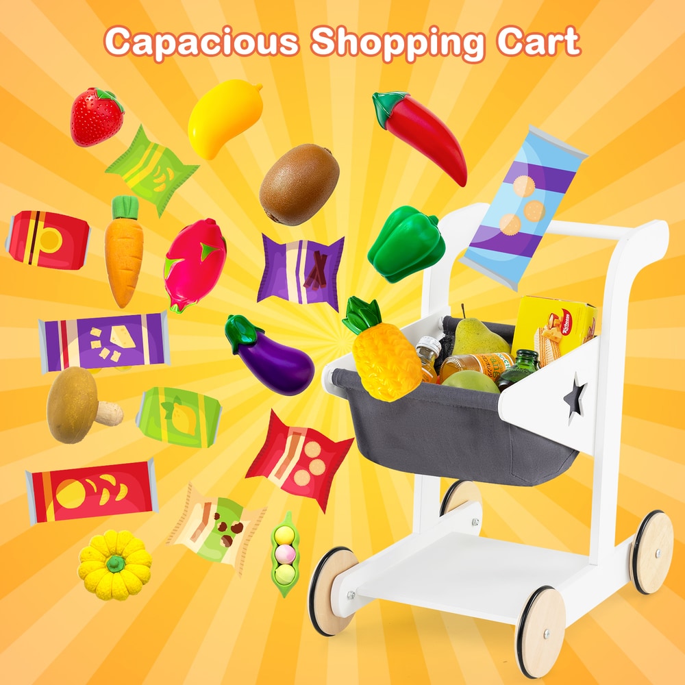Wooden shopping cart filled with toy food items