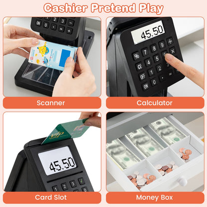 This pretend play grocery store set shows the scanner, calculator, card slot and money box
