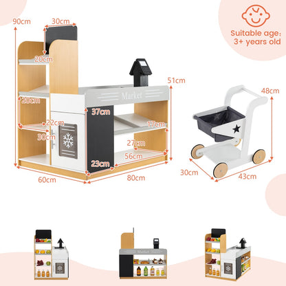 Dimensions of the toy grocery store and shopping cart