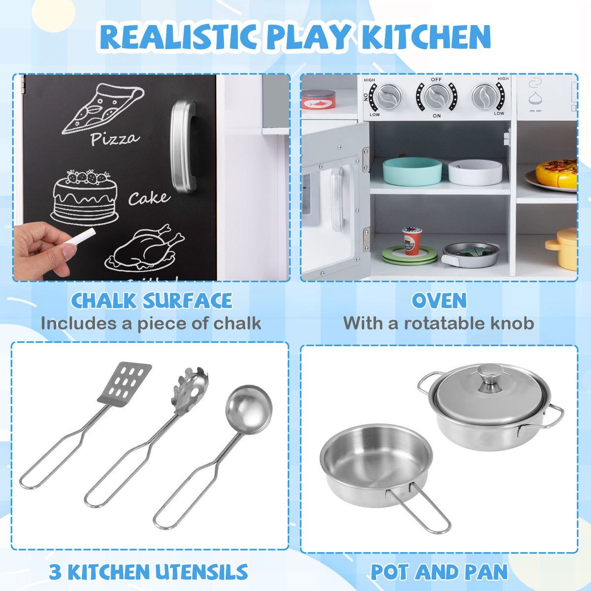 The play kitchen set showing close-ups of the chalkboard, oven, utensils and cookware pieces
