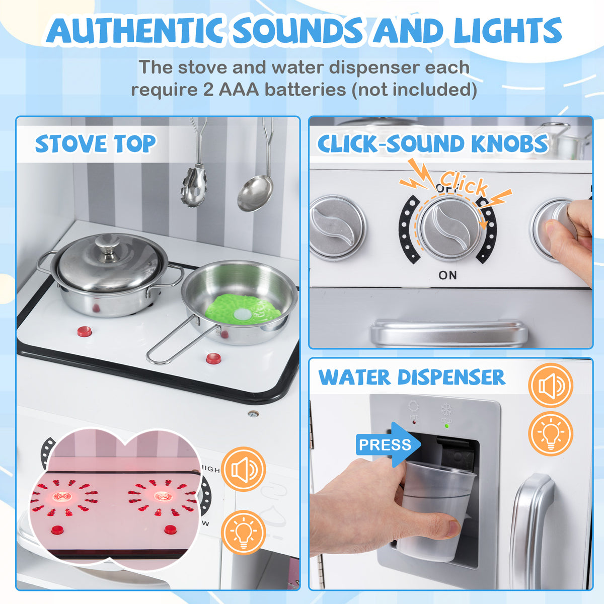 The play kitchen set showing close-ups of the stove lights, clicking knobs and water dispenser