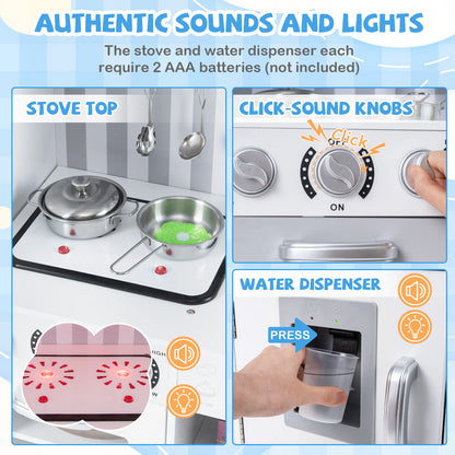 The play kitchen set showing close-ups of the stove lights, clicking knobs and water dispenser