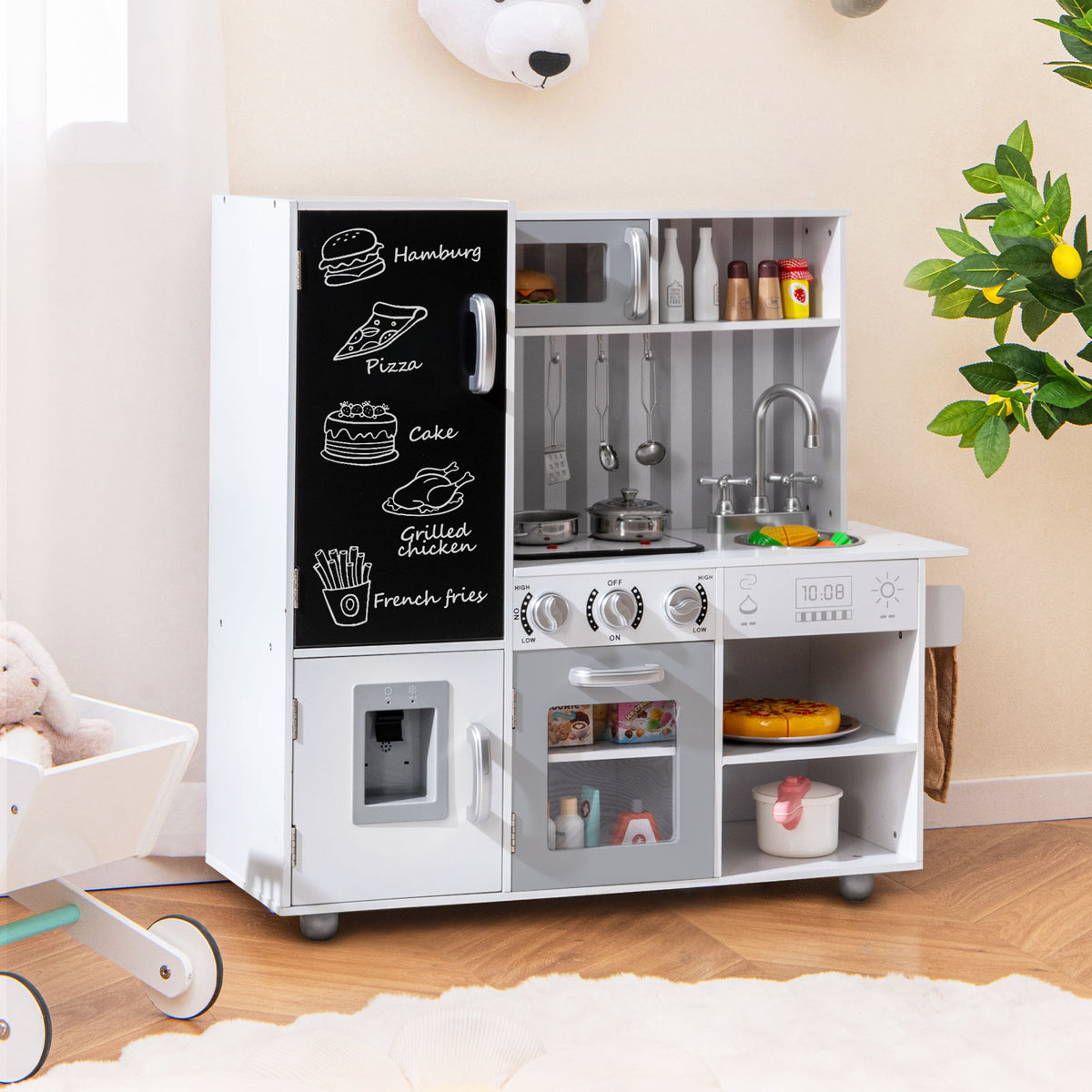 The play kitchen set positioned in a bright room next to a potted plant and a toy storage unit