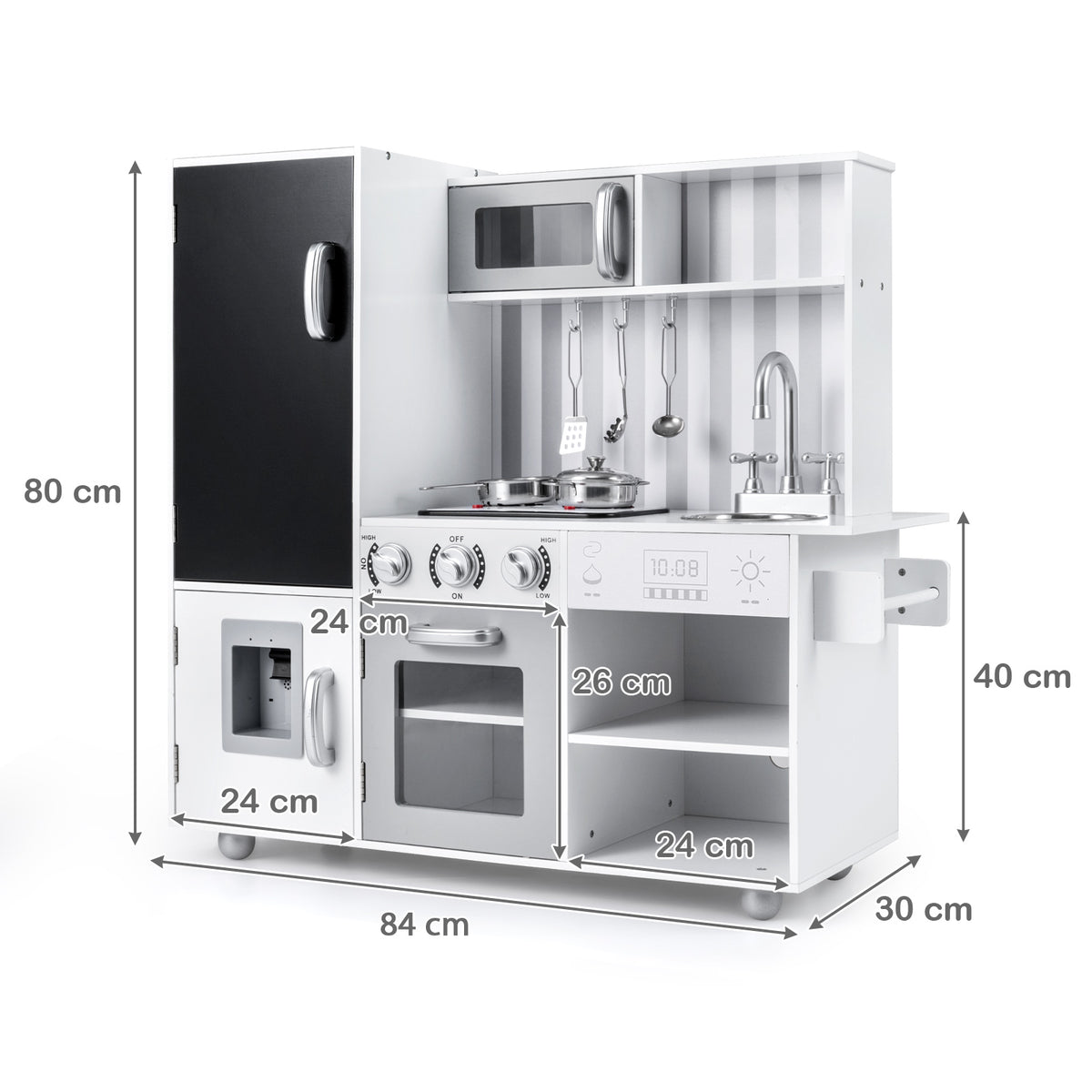 The play kitchen set with annotated dimension lines showing the height, width and depth