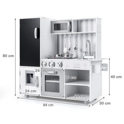 The play kitchen set with annotated dimension lines showing the height, width and depth