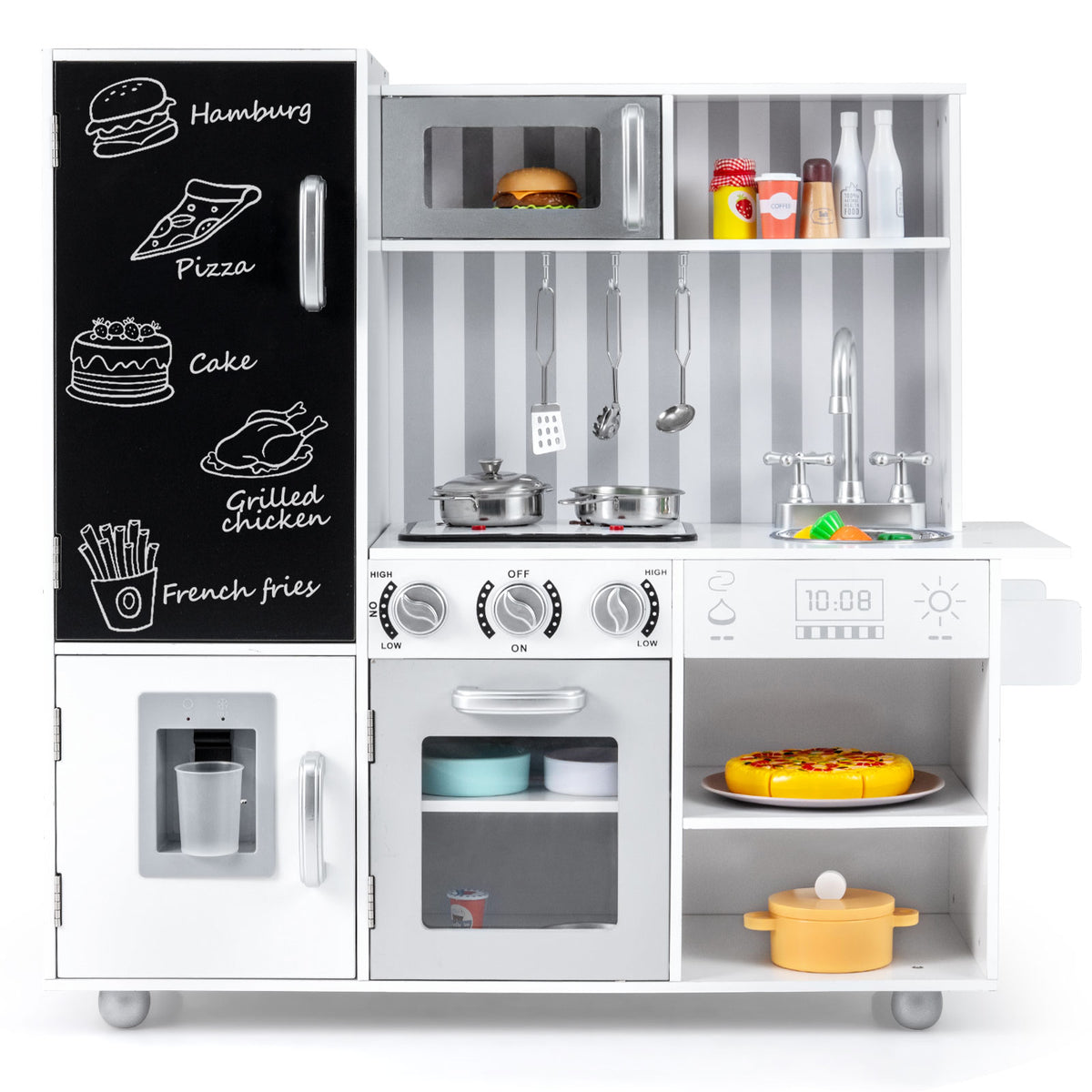 The play kitchen set featuring a chalkboard fridge, oven, microwave and various toy food items