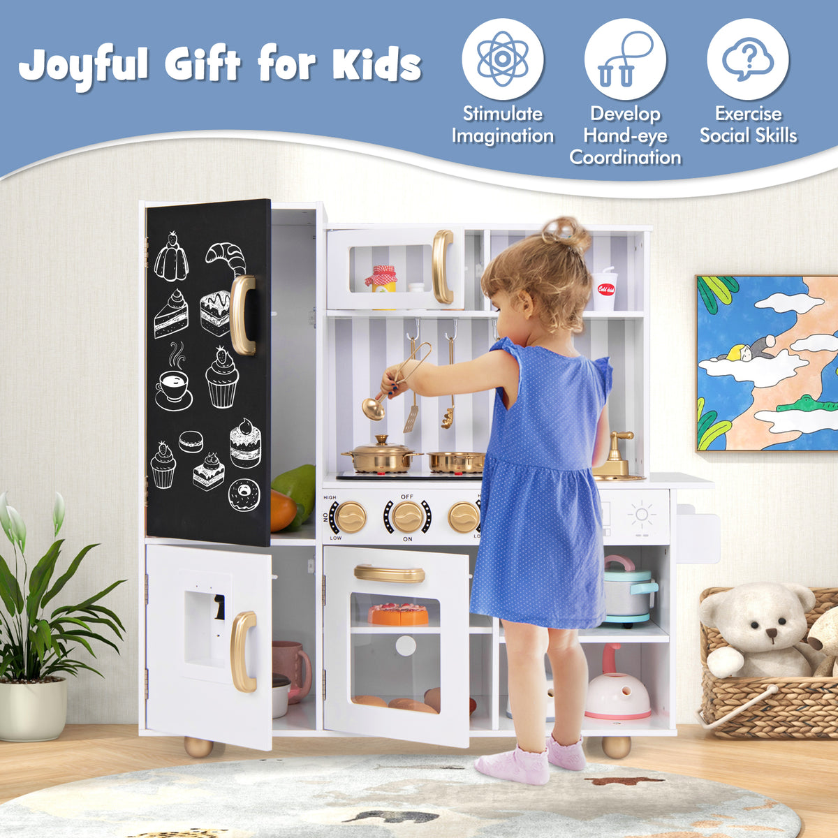 A young girl playing with the white pretend play kitchen, pretending to cook