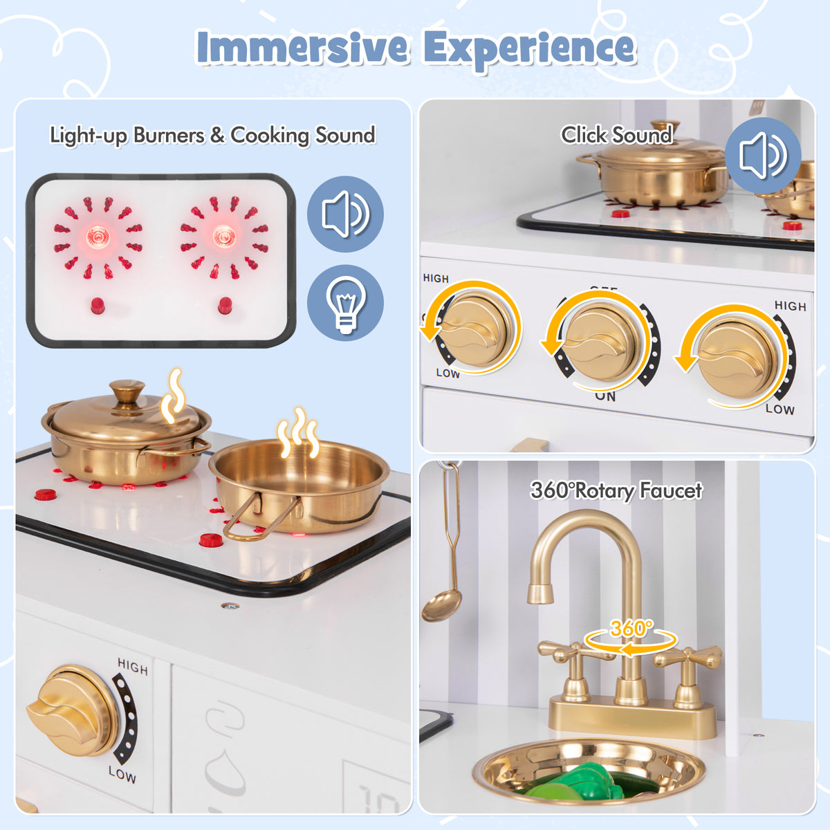 Close-up of the pretend play kitchen's stovetop burners and sink faucet