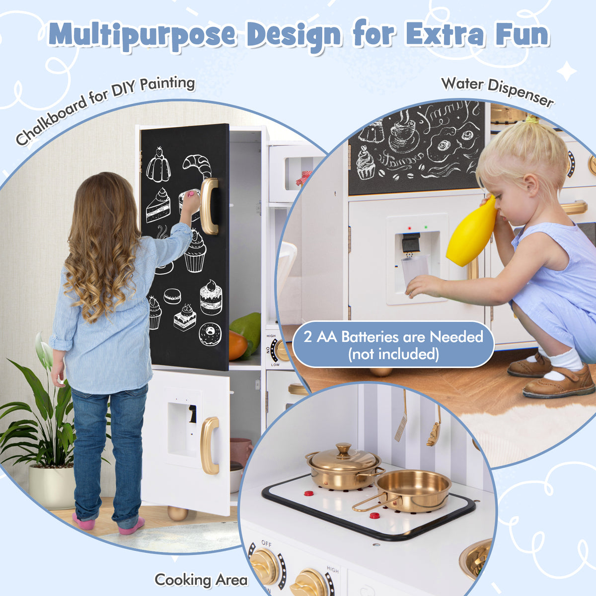 The pretend play kitchen features a chalkboard door and a water dispenser for children's play