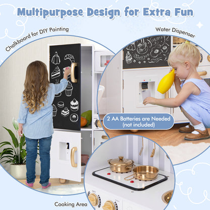 The pretend play kitchen features a chalkboard door and a water dispenser for children's play