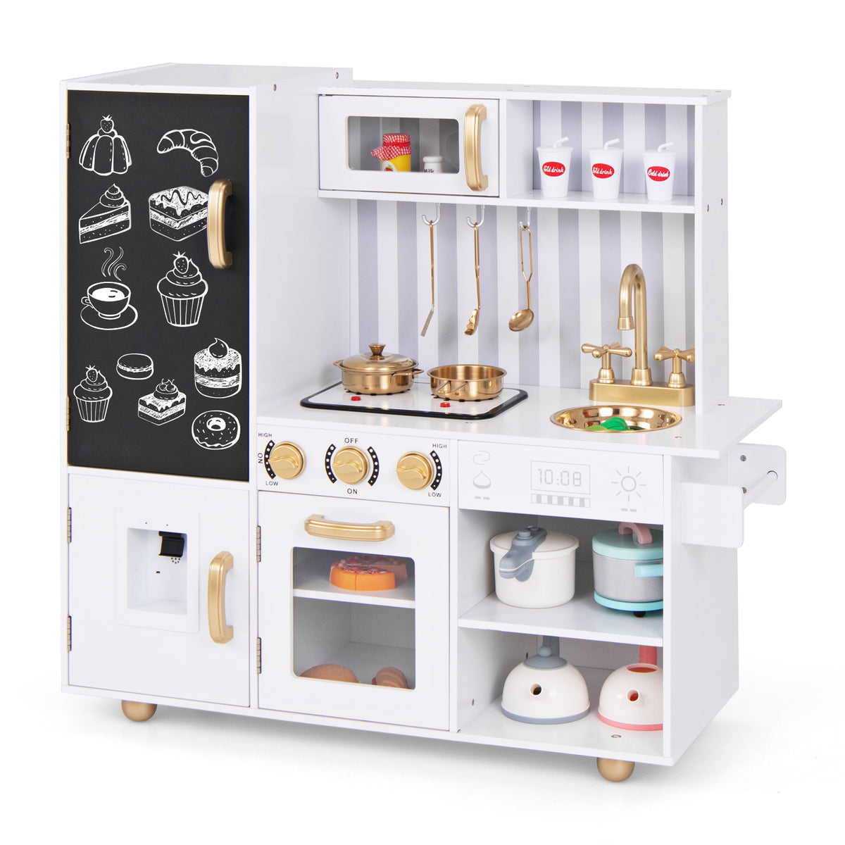 A white play kitchen with gold accents, featuring a chalkboard door and various cooking accessories