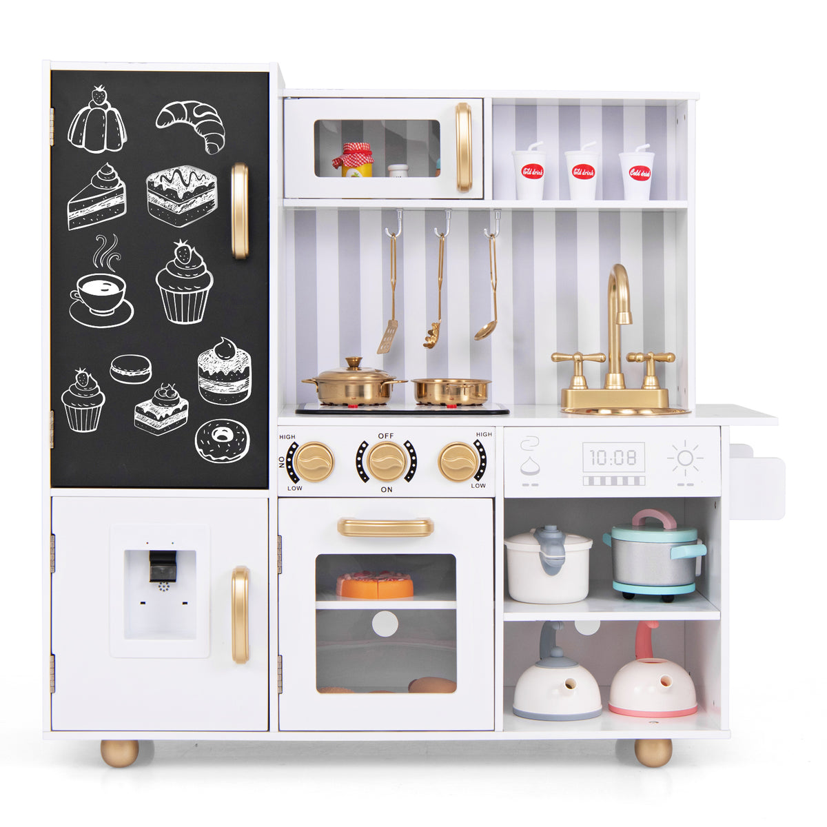 Pretend Play Kitchen for Kids with Utensils Aged 3+-White, a white wooden play kitchen with gold accents and a chalkboard