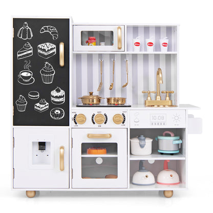 Pretend Play Kitchen for Kids with Utensils Aged 3+-White, a white wooden play kitchen with gold accents and a chalkboard