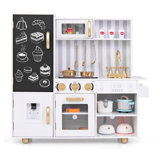 Pretend Play Kitchen for Kids with Utensils Aged 3+-White, a white wooden play kitchen with gold accents and a chalkboard