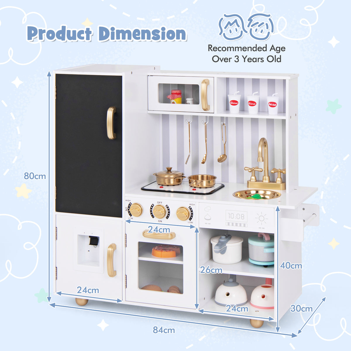 Product dimension diagram for the white play kitchen, showing height, width, and depth measurements