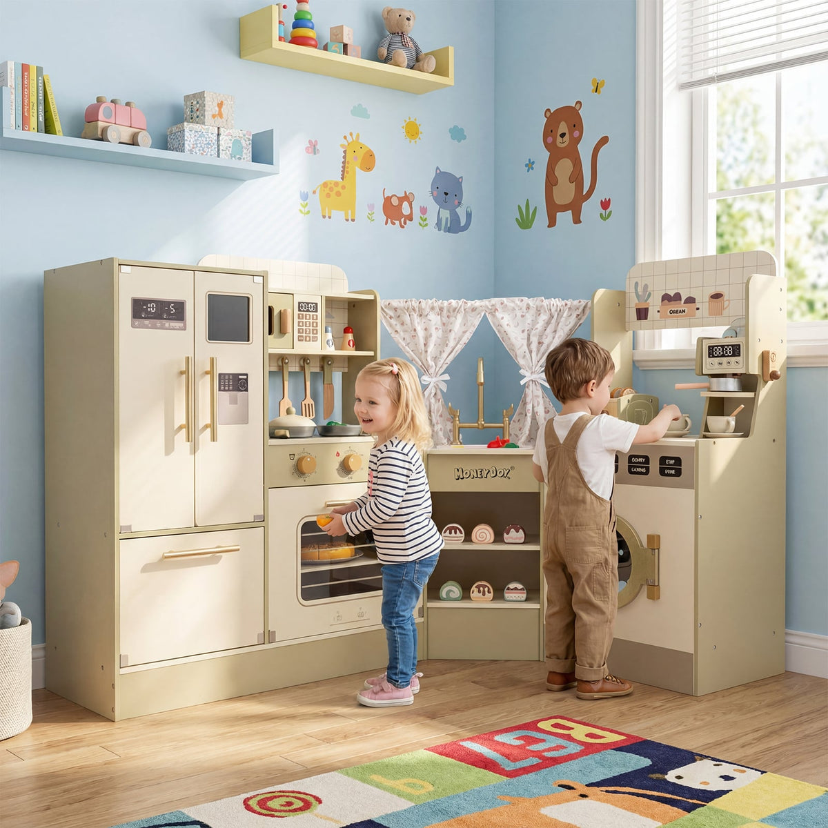Children playing with the green pretend play kitchen playset in a brightly decorated room