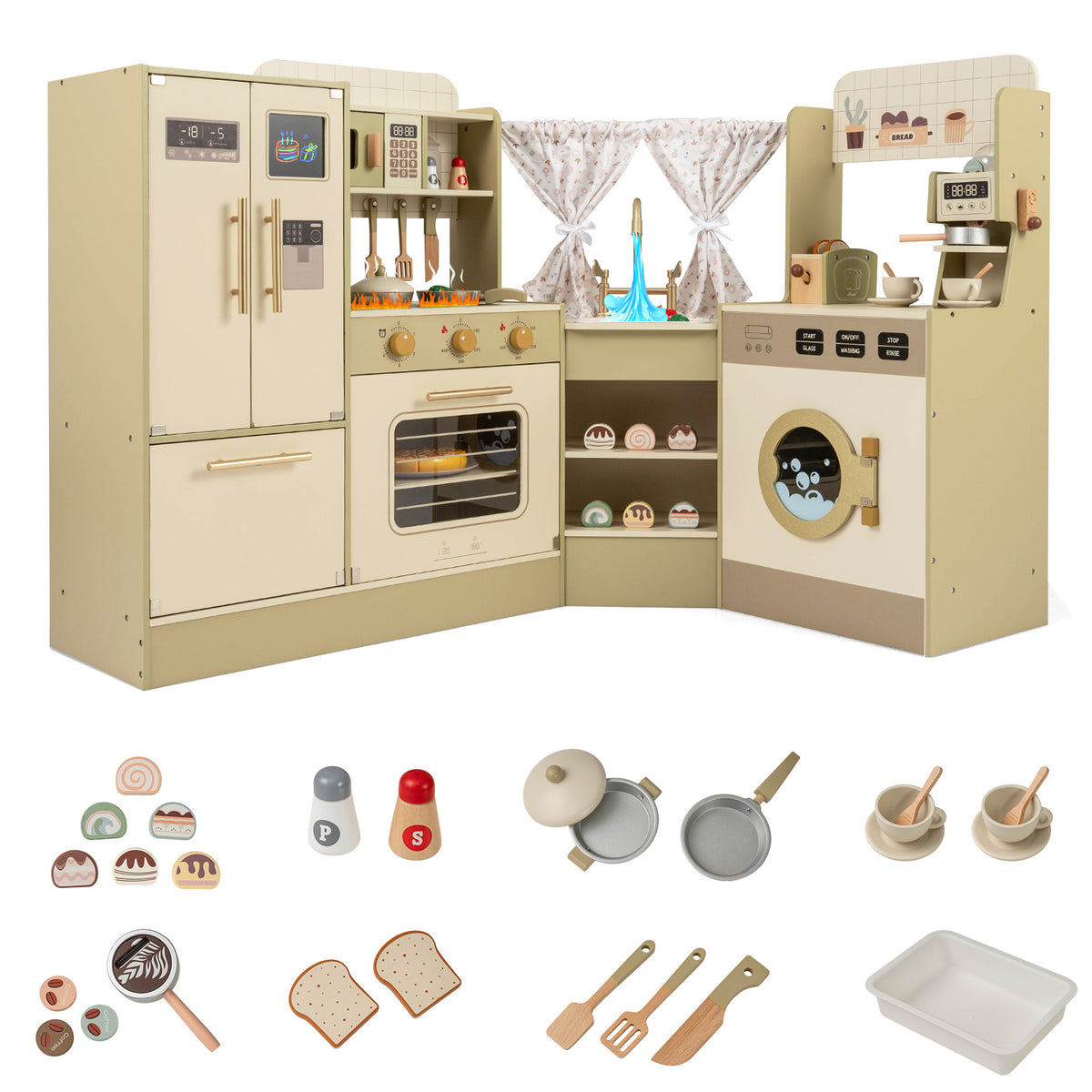 Pretend Play Kitchen Playset with Faucet and Dishwasher shown with all included toy accessories