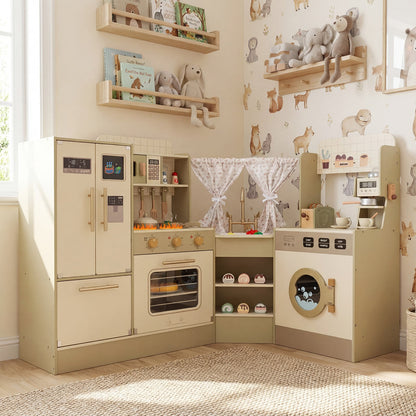 The green pretend play kitchen playset in a child's bedroom with animal themed wallpaper