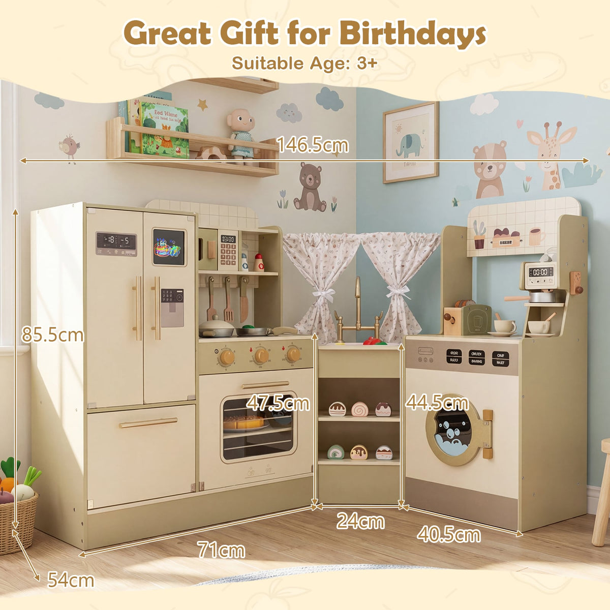 Size diagram showing the dimensions of the green pretend play kitchen playset