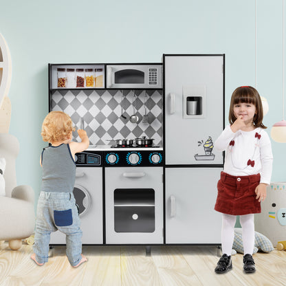 The play kitchen set being used by two young children in a bright and airy playroom