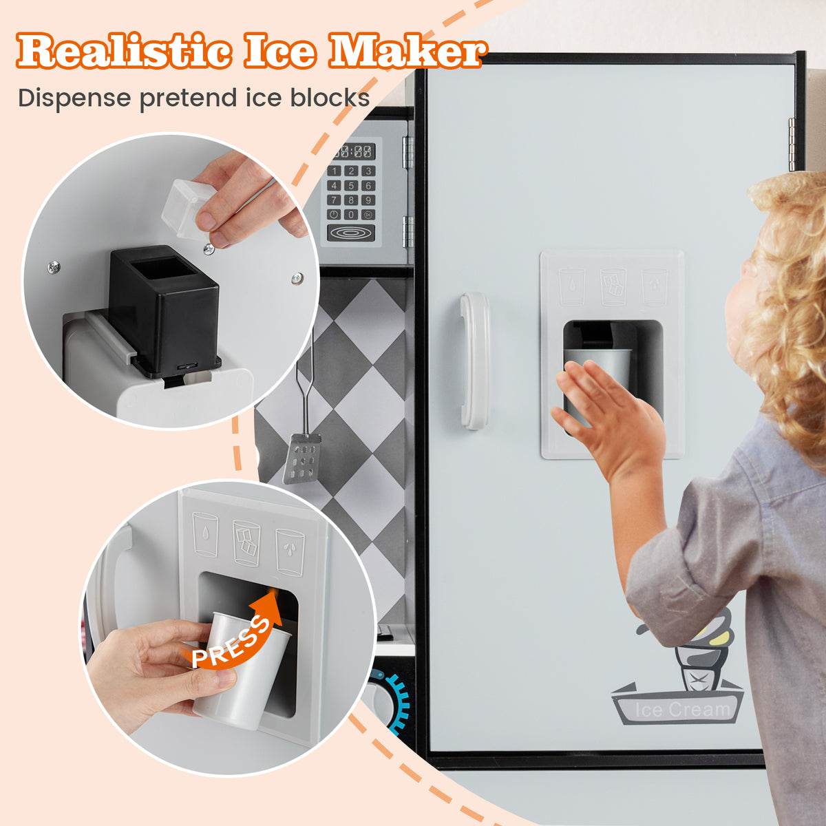 The play kitchen ice maker with close-ups of the dispenser mechanism and a child using it
