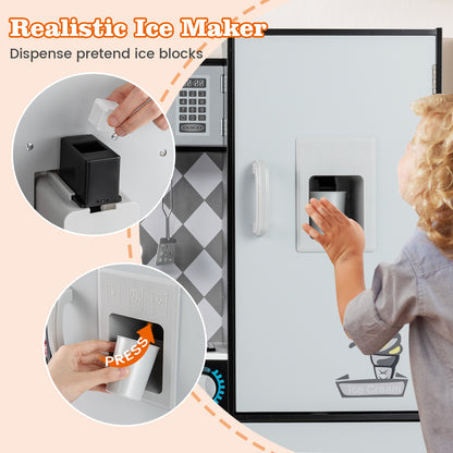 The play kitchen ice maker with close-ups of the dispenser mechanism and a child using it