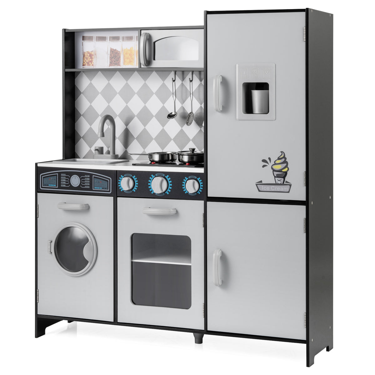 Pretend Play Kitchen with a grey finish, ice maker, stove, and washing machine on a white background