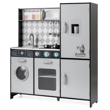 Pretend Play Kitchen with a grey finish, ice maker, stove, and washing machine on a white background