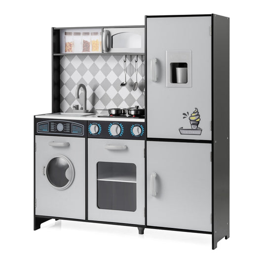 Pretend Play Kitchen with a grey finish, ice maker, stove, and washing machine on a white background