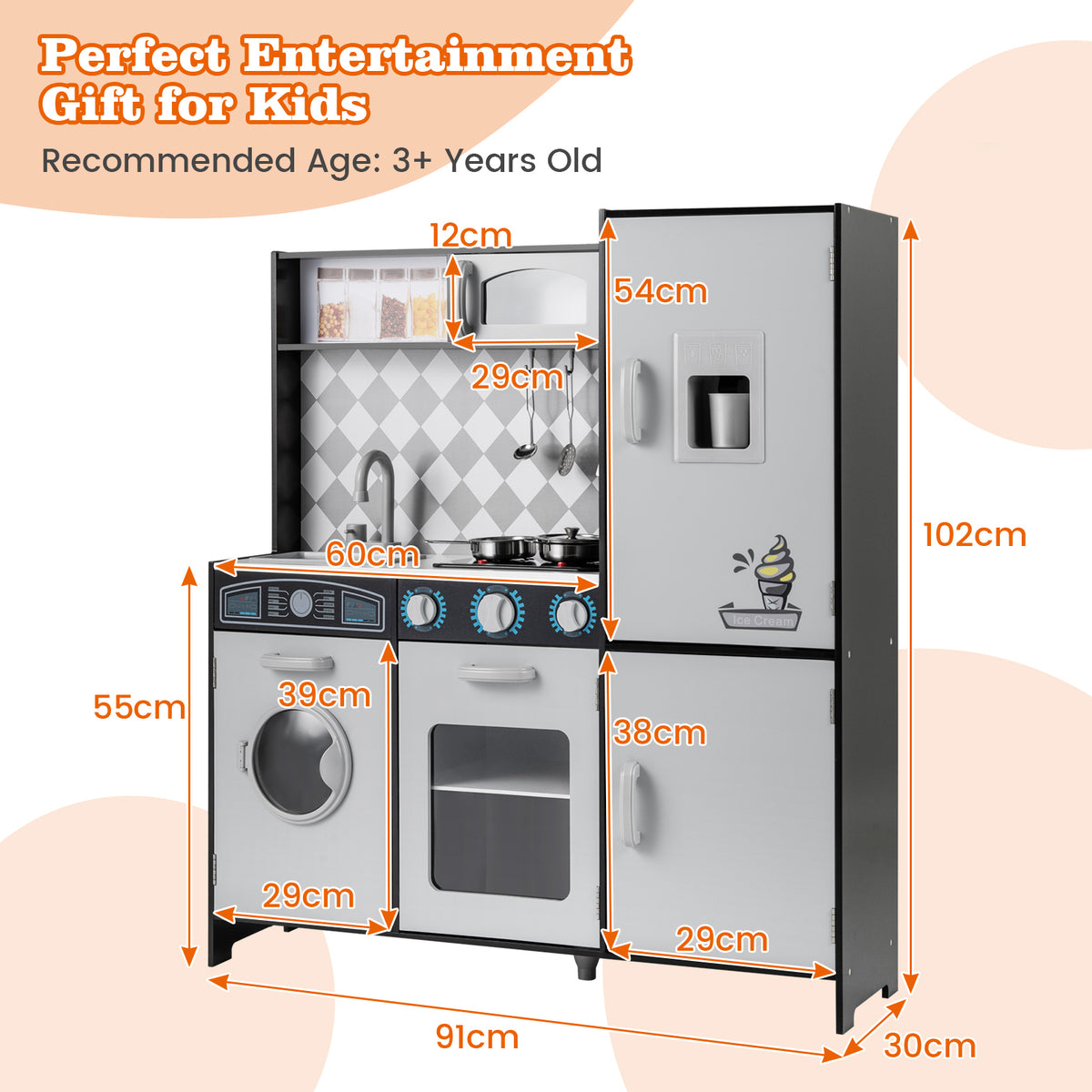 The play kitchen set with orange arrows and text indicating the dimensions of the unit